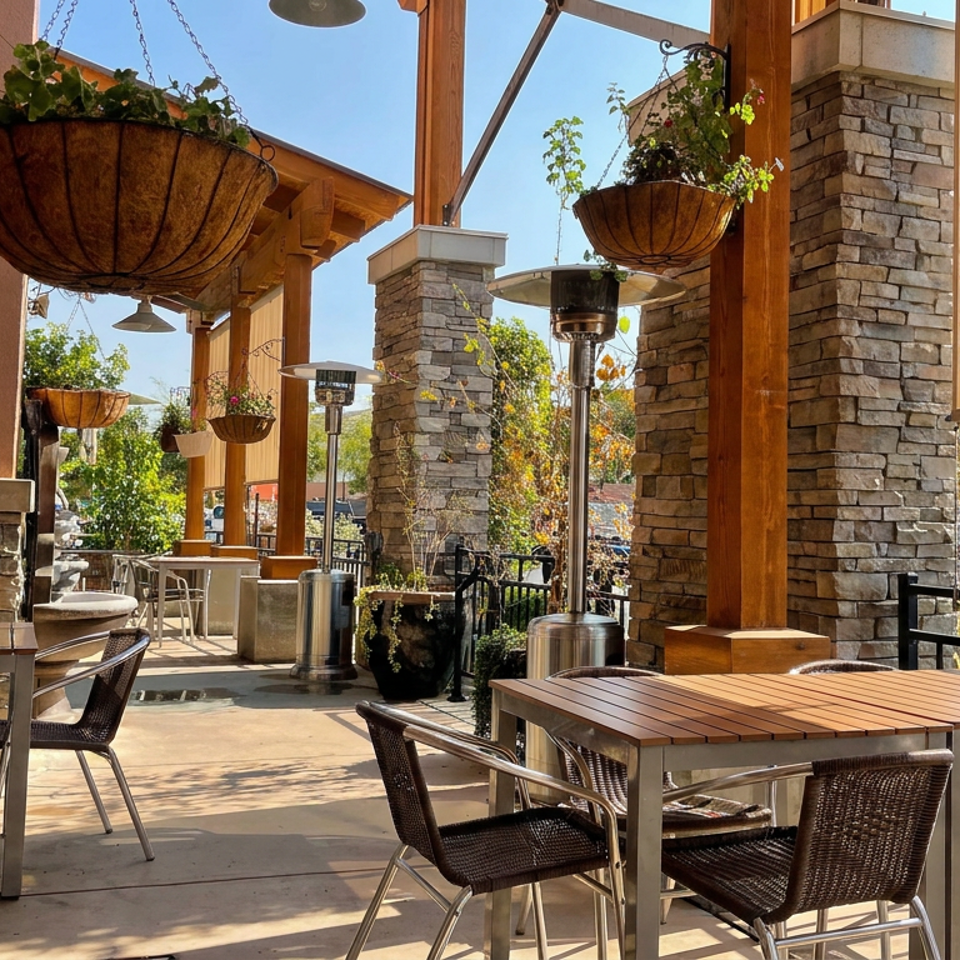 Sunny restaurant patio with wooden tables, woven chairs, stone columns, hanging flower baskets, and outdoor heaters.