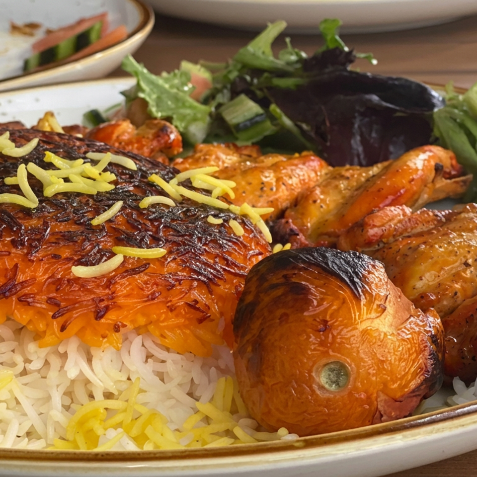 Persian-style platter with saffron rice, grilled fish, roasted vegetables, and fresh salad on a restaurant table.