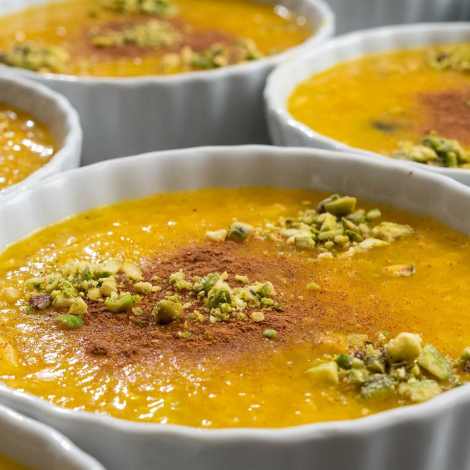 White ramekins filled with golden custard, sprinkled with cinnamon and chopped pistachios.