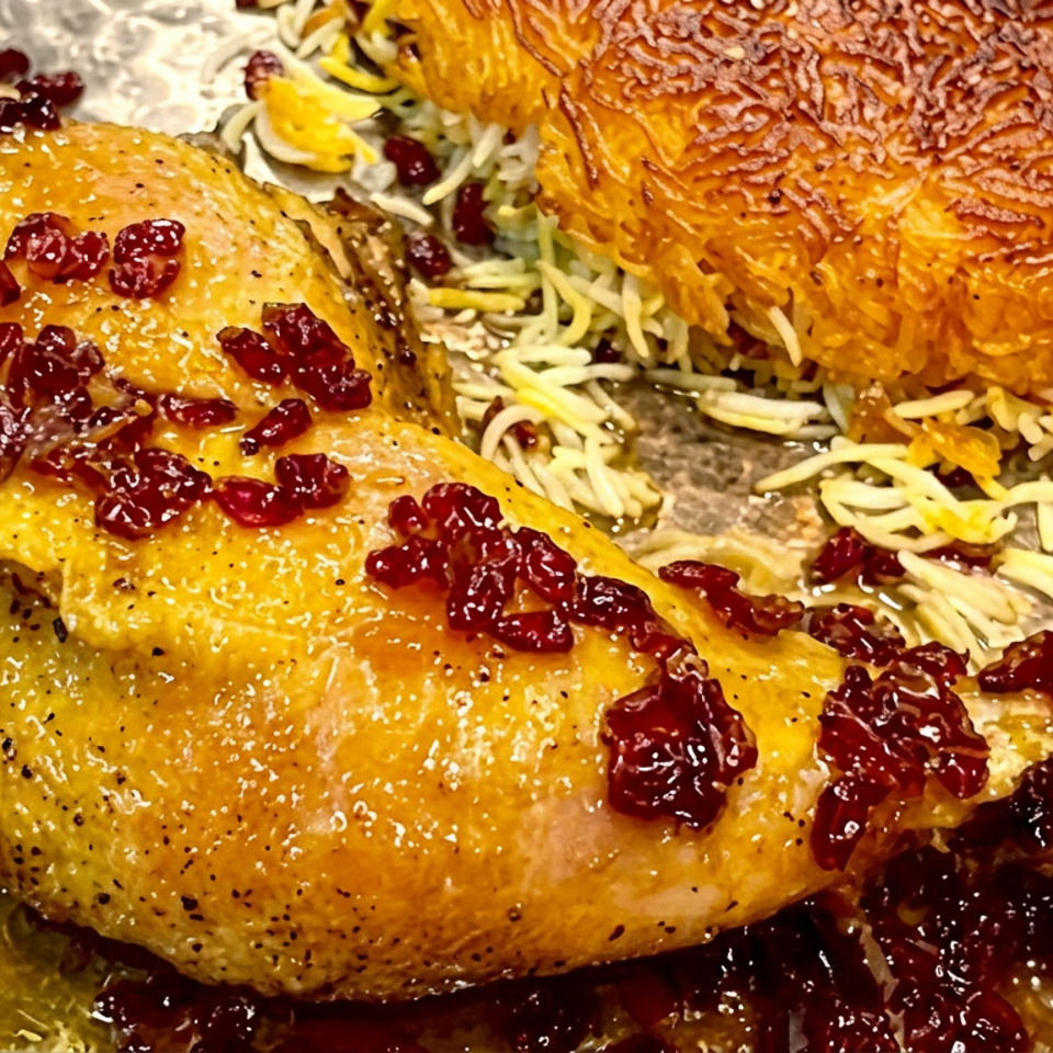 Roasted chicken leg topped with dried cranberries, served with saffron rice on a metal platter.