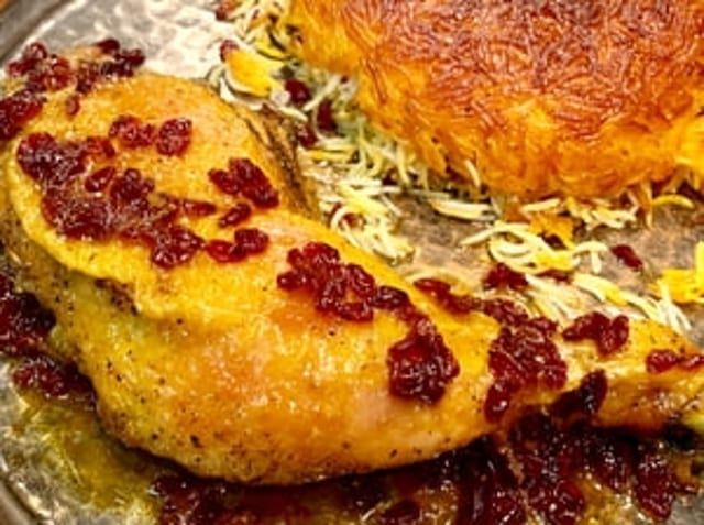 Zereshk Polo with Organic Chicken Leg.